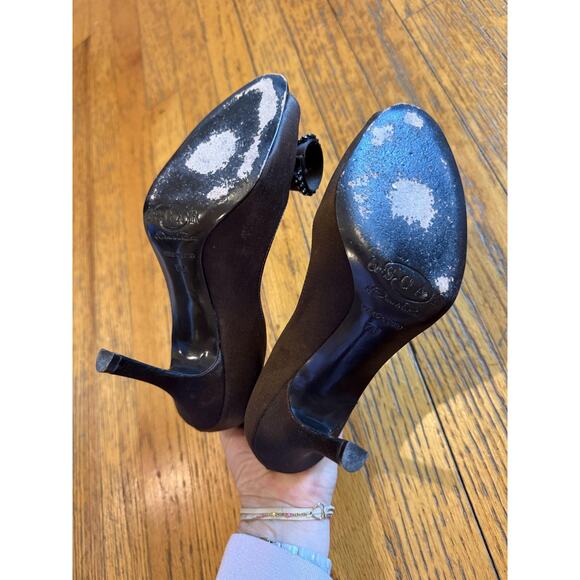 Oscar de la Renta Shoes Womens Size 7M Brown Bow Crystal Peep Toe Heels Italy - Picture 8 of 9